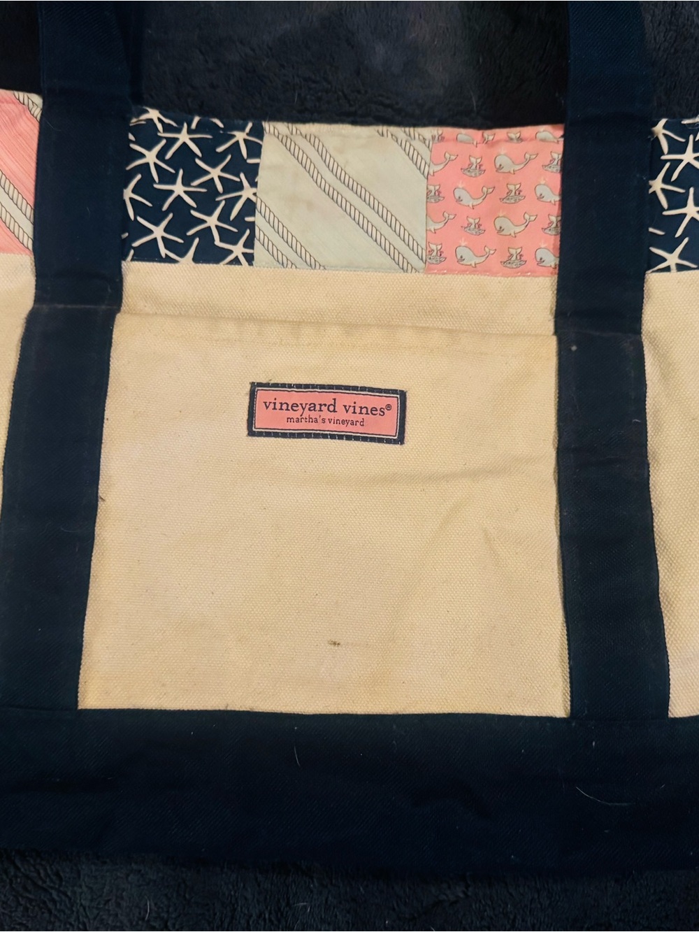 Vineyard Vines Navy, Cream & Pink Patchwork Canvas Tote